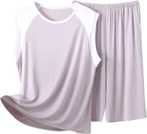 Mens Womens Modal Cotton Pajamas Set Soft Cozy 2 Piece Outfit Color Block Sleeveless T-Shirt and Knee Length Shorts