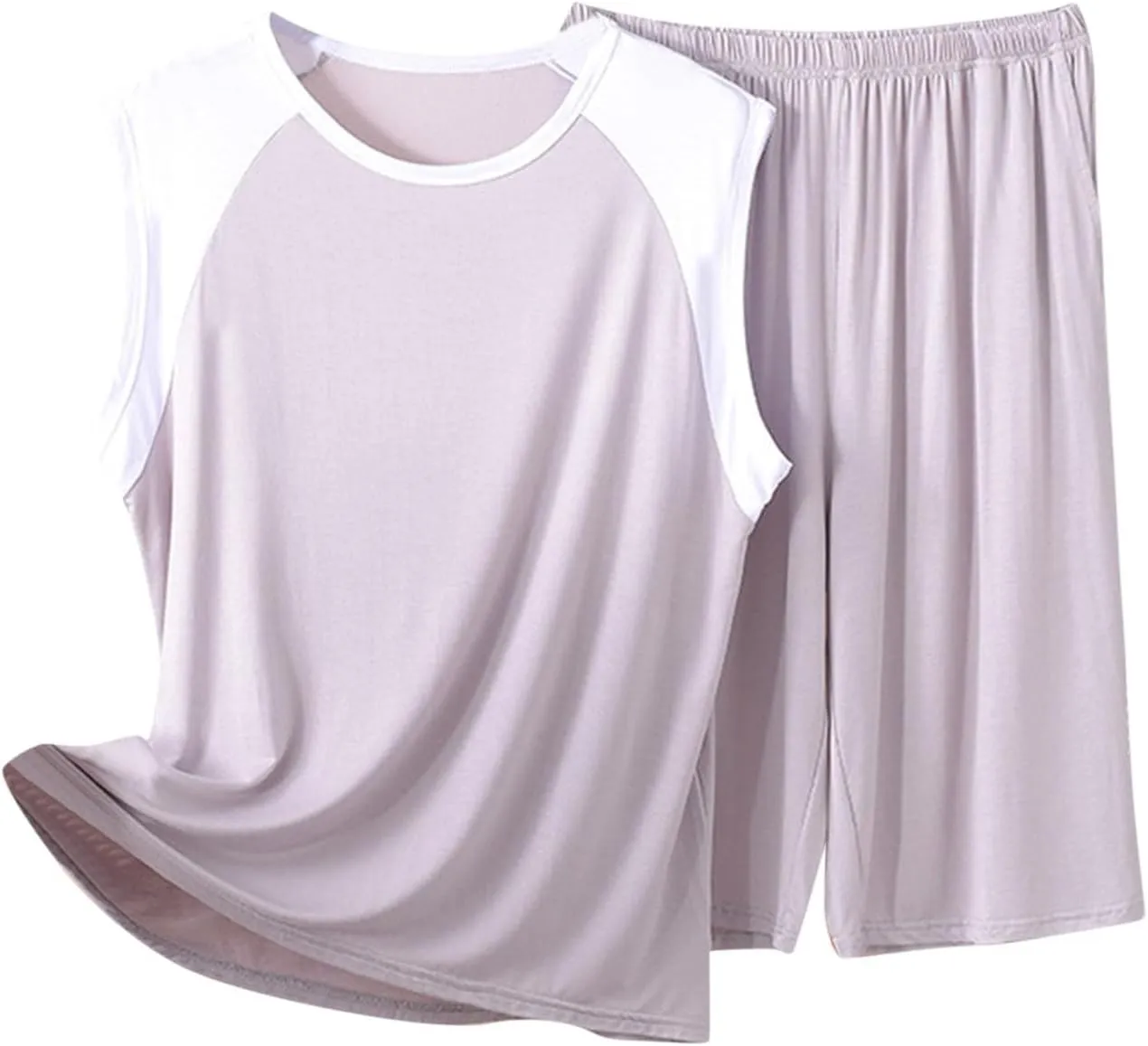 Mens Womens Modal Cotton Pajamas Set Soft Cozy 2 Piece Outfit Color Block Sleeveless T-Shirt and Knee Length Shorts
