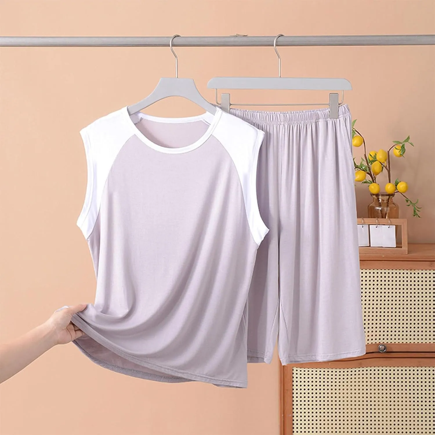 Mens Womens Modal Cotton Pajamas Set Soft Cozy 2 Piece Outfit Color Block Sleeveless T-Shirt and Knee Length Shorts