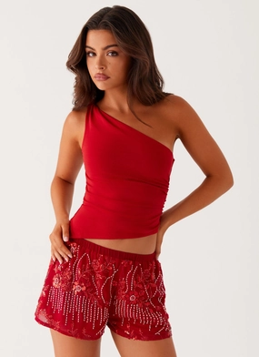 Pocket Reinforcement Mercer Sequin Mini Shorts - Red
