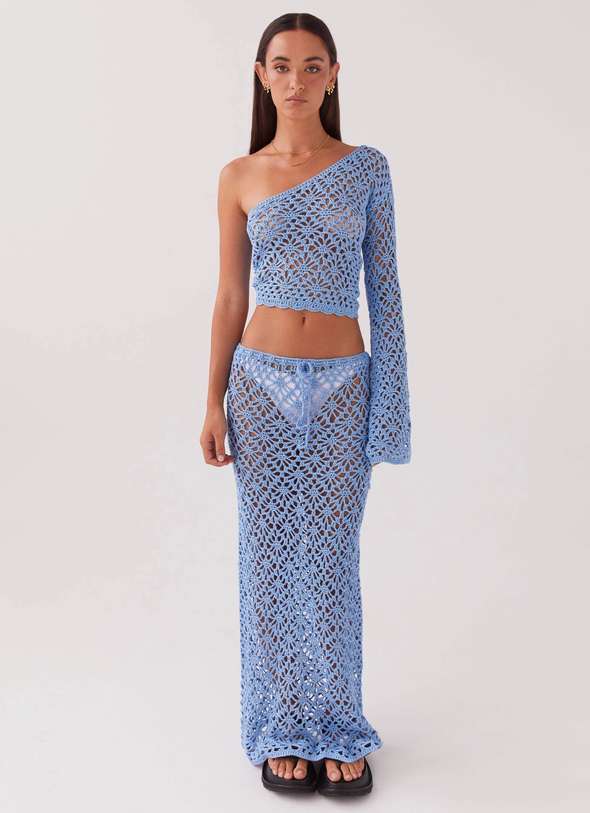 Easy Stretch ReflectiveAccentDetails Merliah Crochet Maxi Skirt - Blue