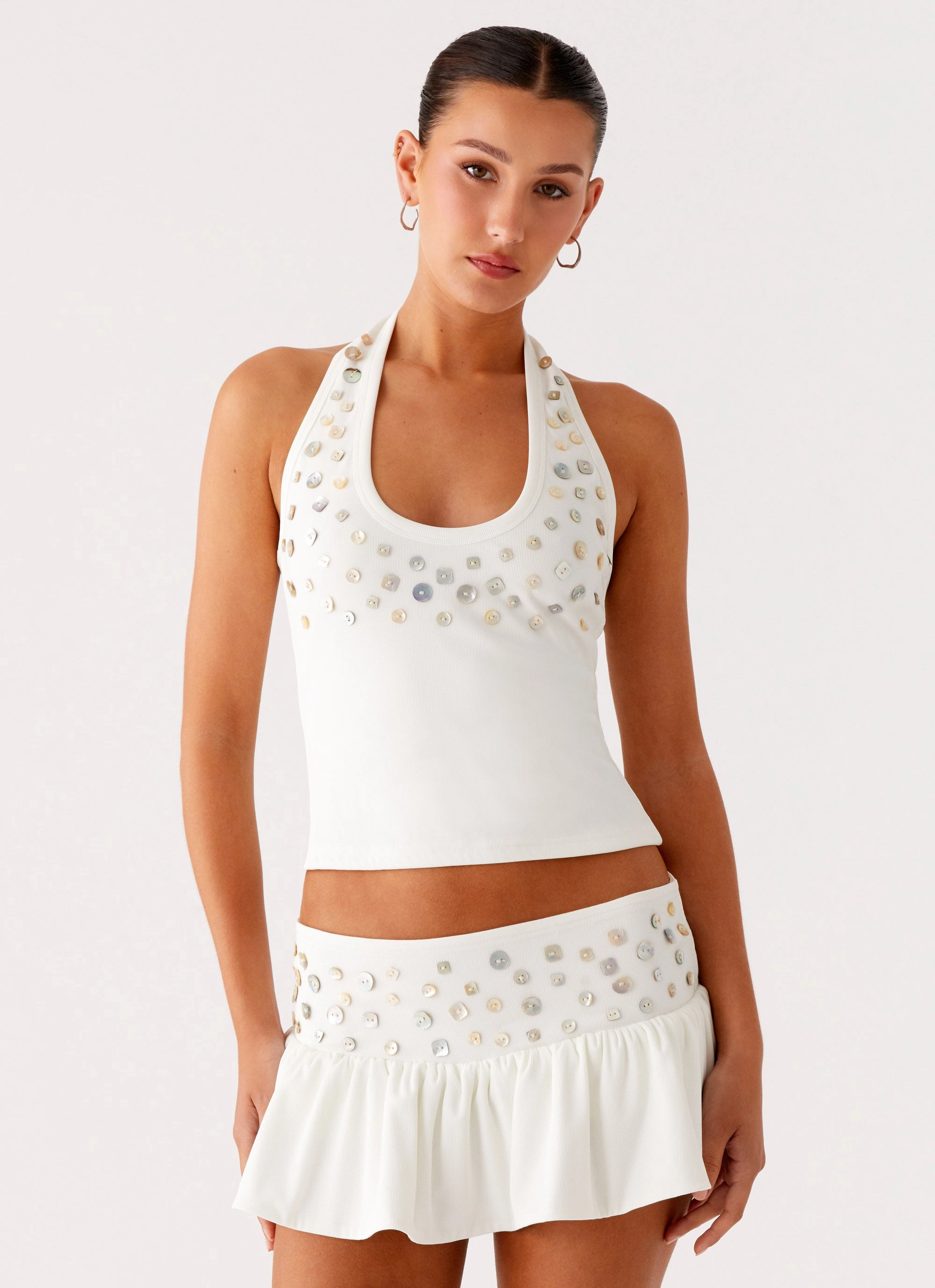 Vegas Nights Halter Neck Top - White Roll Up Sleeve Design Simple Shirt