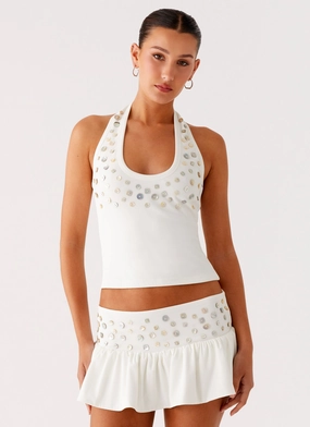 Vegas Nights Halter Neck Top - White Roll Up Sleeve Design Simple Shirt