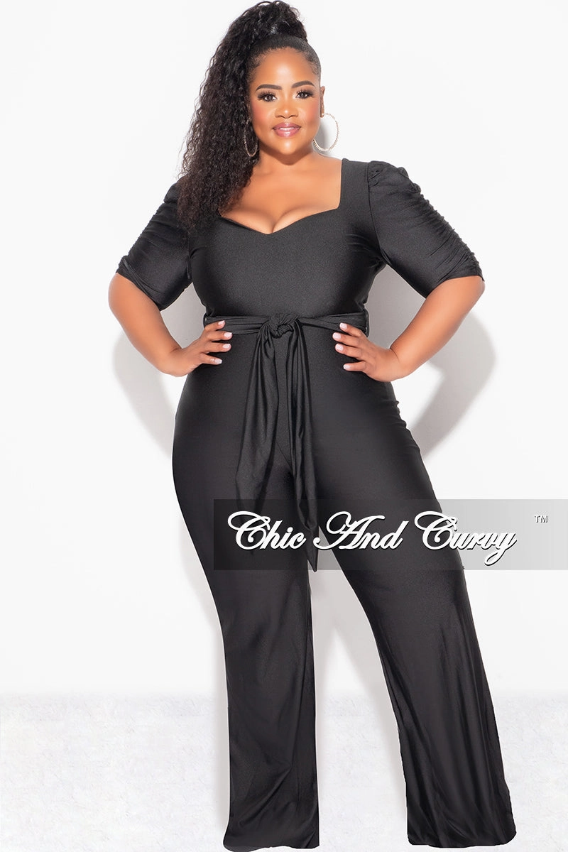 Final Sale Plus Size Shiny Jumpsuit with Ruched Sleeves in Black Active Blouse