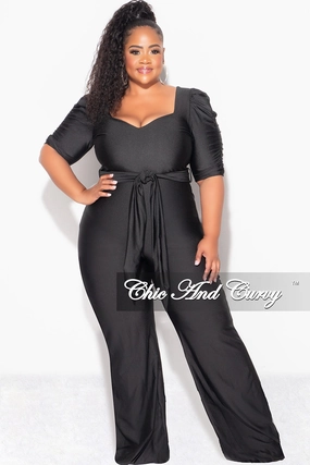 Final Sale Plus Size Shiny Jumpsuit with Ruched Sleeves in Black Trendy Look Full Coverage Fit