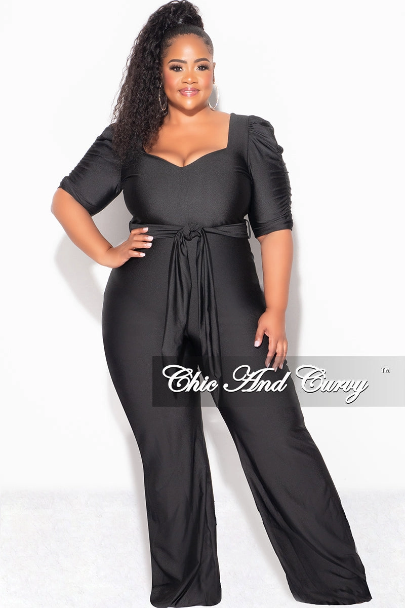 Final Sale Plus Size Shiny Jumpsuit with Ruched Sleeves in Black Trendy Look Full Coverage Fit