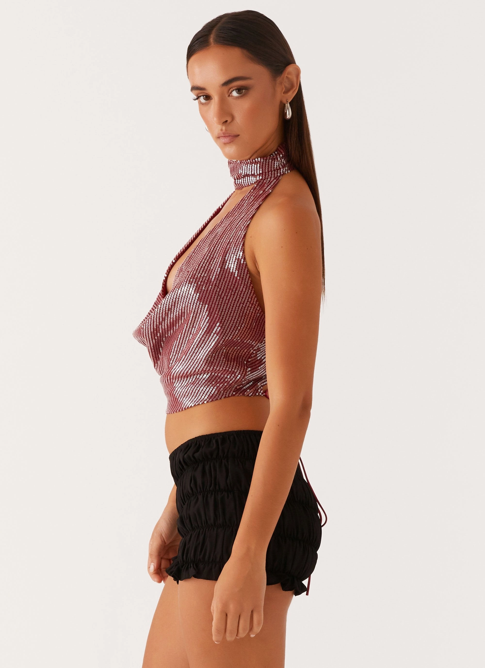 Sporty T-shirt Nora Sequin Cowl Top - Red