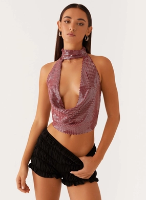 Nora Sequin Cowl Top - Red MicroPerforated Details