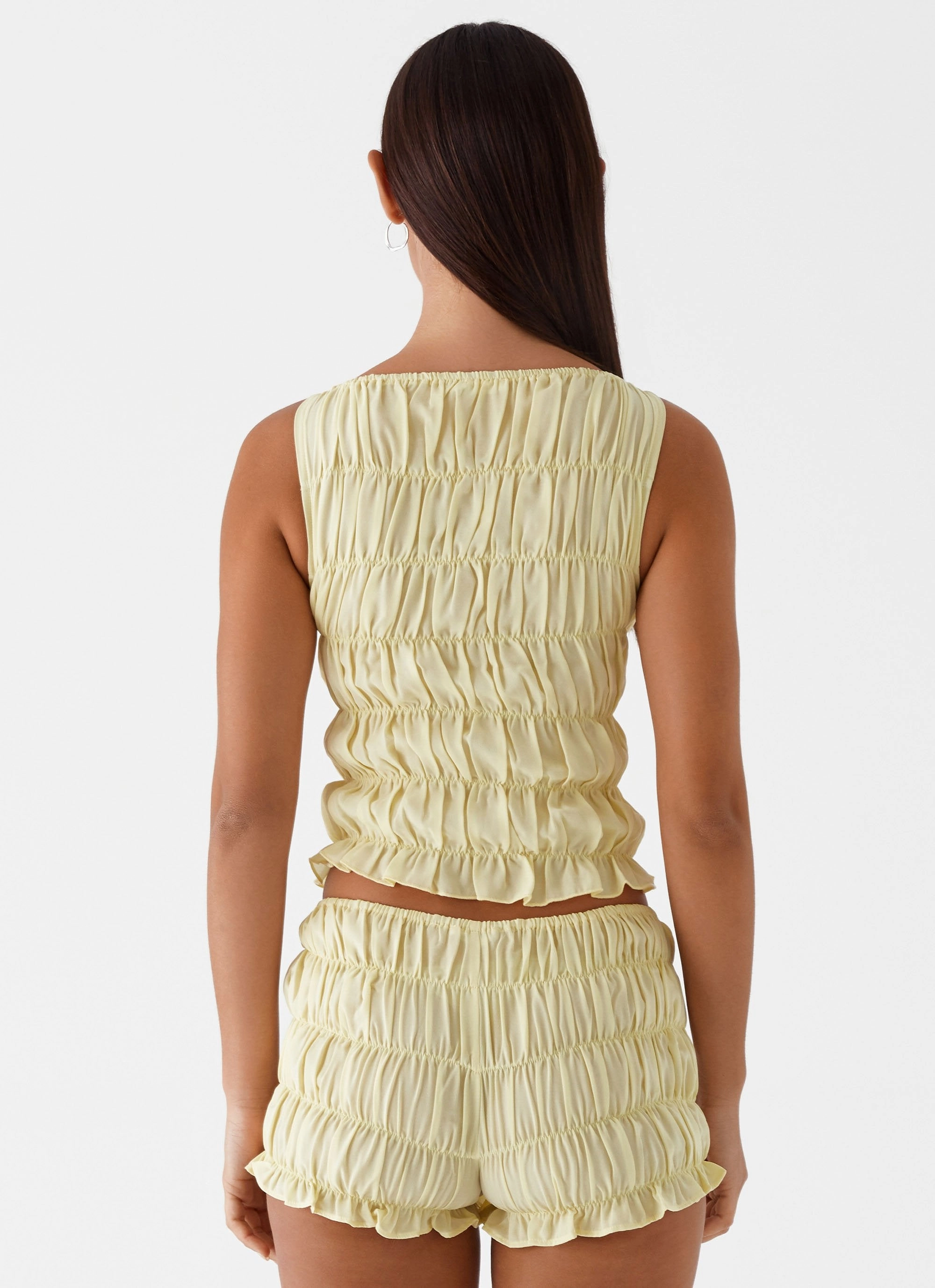 High Collar Protection Design StretchFabric Messina Ruched Tank Top - Yellow