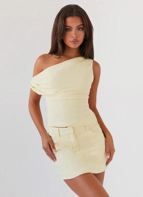 Marissa Linen One Shoulder Top - Yellow BondedEdges Circular Knit Technique