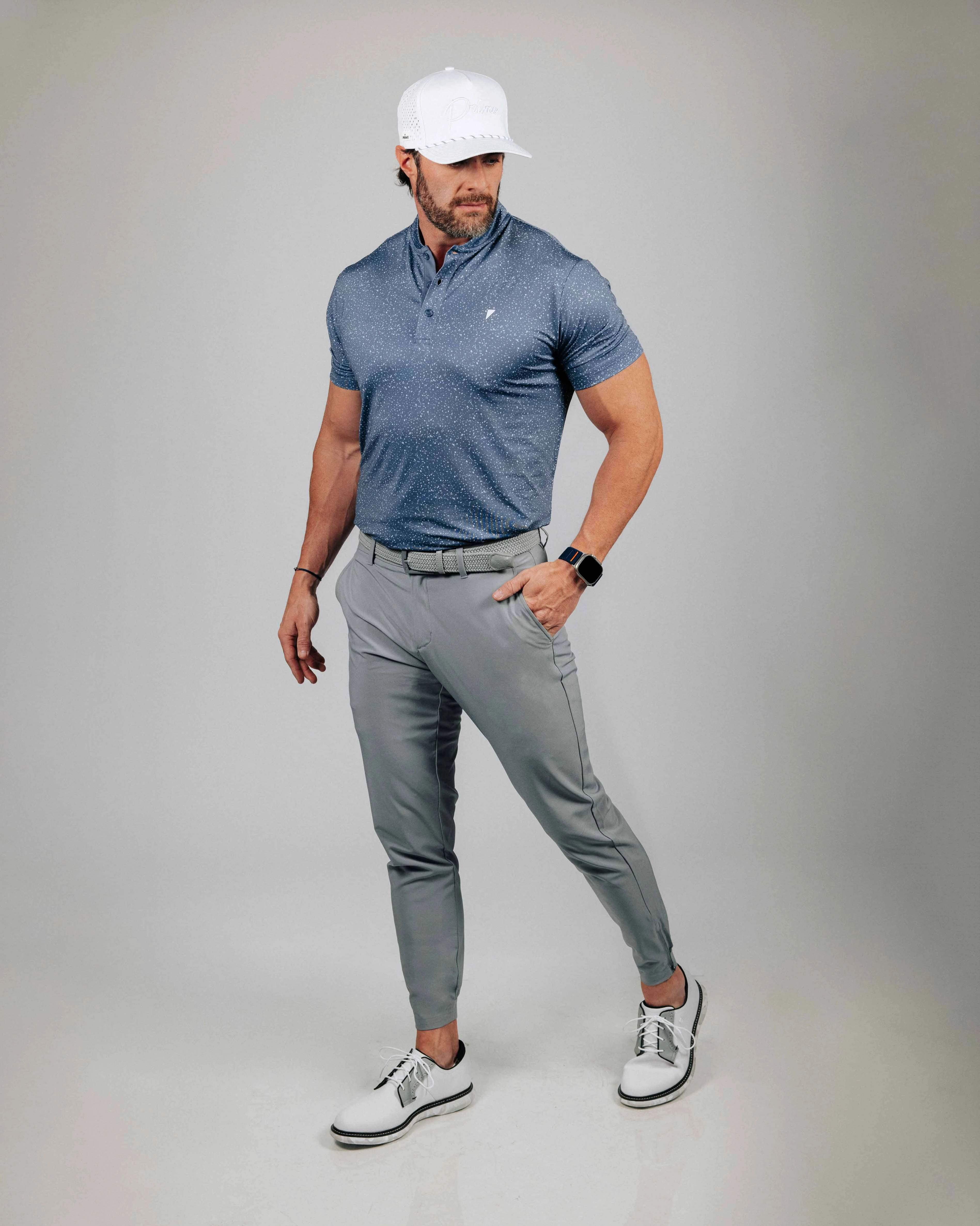 Dusty Blue Speckle Blade Polo GarmentWashed Texture AdjustableNeckline