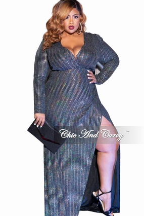 Final Sale Plus Size Faux Wrap Mirror Ball Gown in Silver Iridescent BondedShoulderTaping