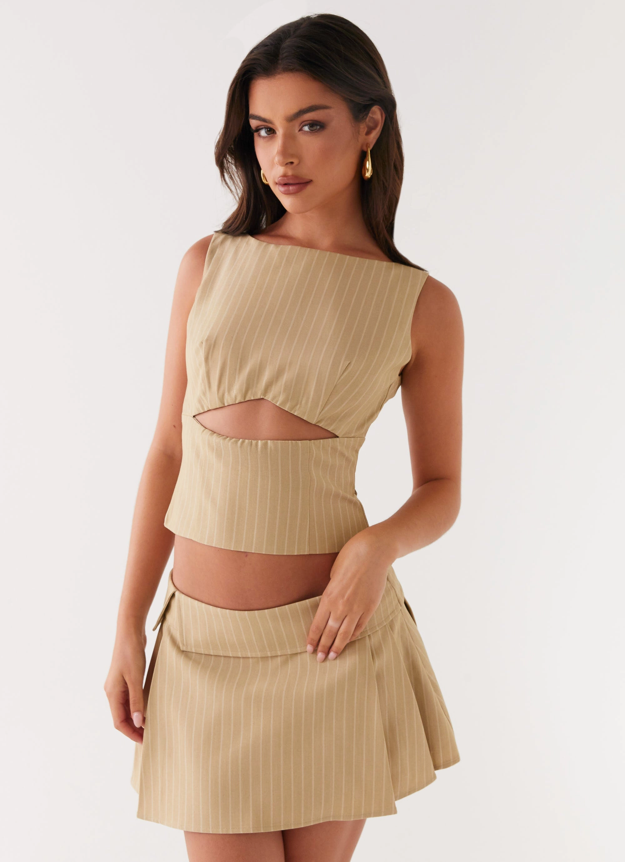 Miki Mini Skirt - Beige Stripe Comfy Vibes