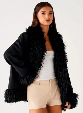 Carmelita Fur Trim Jacket - Black Belted Waist High Collar