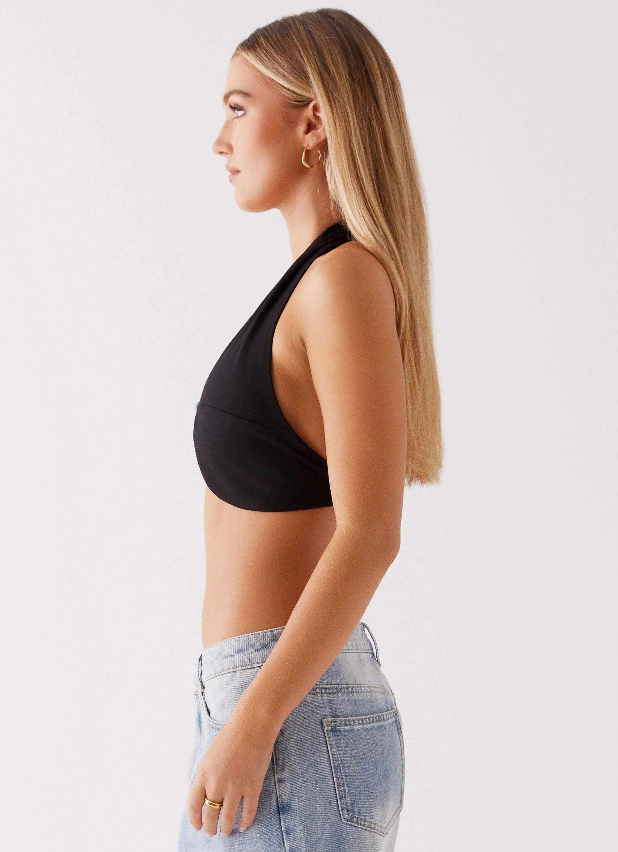 Sweat Absorbent Inner Layer Non Restrictive Collar Milli Halter Beaded Top - Black
