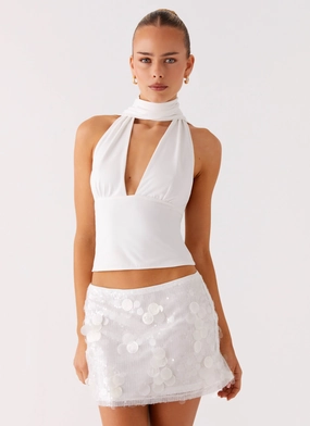Milos Scarf Halter Neck Top - White NonChafing Fabric QuickRelease Fastener