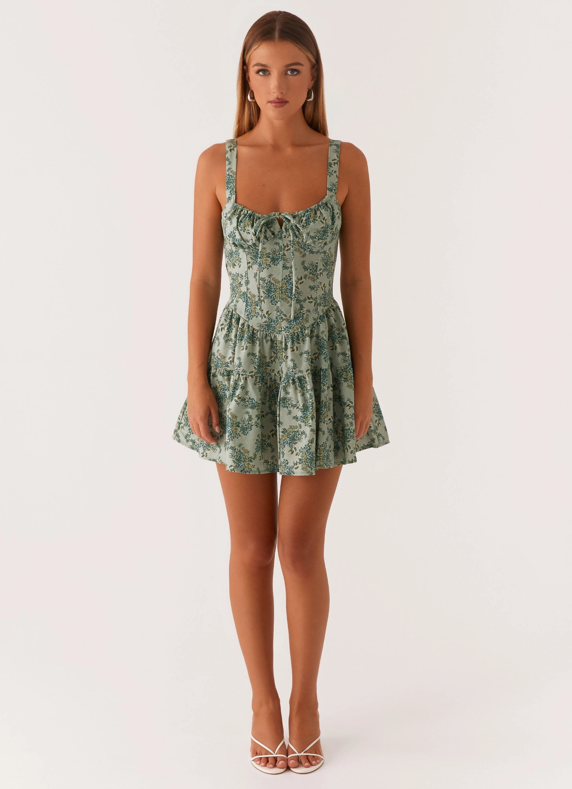 Zip-Closure Lucie Linen Mini Dress - Cloud Nine Floral