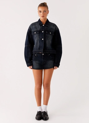 Soft Touch Lining Zipper Closure Mechanism Tropics Denim Jacket - Washed Dark Blue