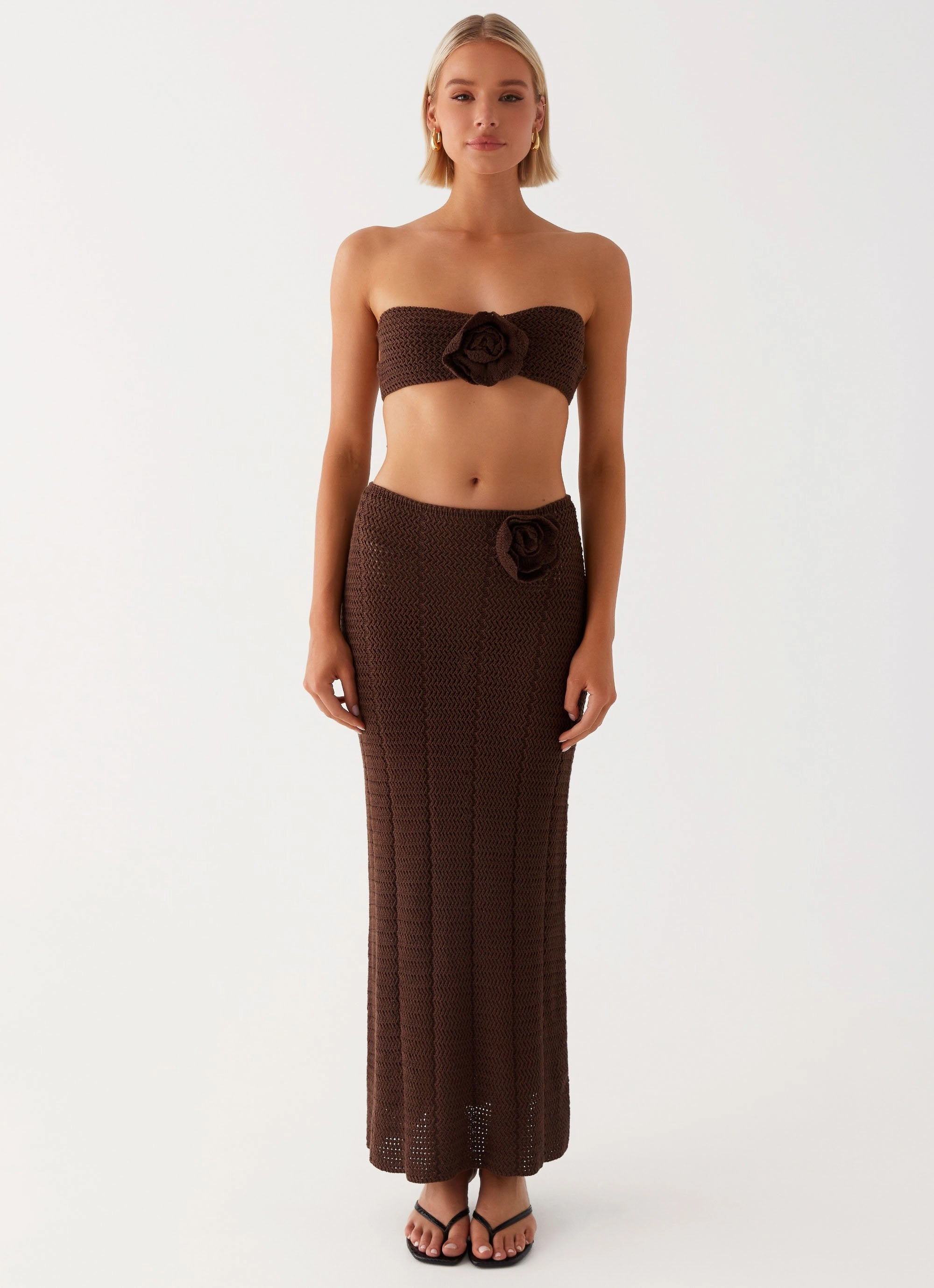 Hidden Pocket Breathable Mesh Back Kelcie Rose Crochet Bandeau Top - Chocolate