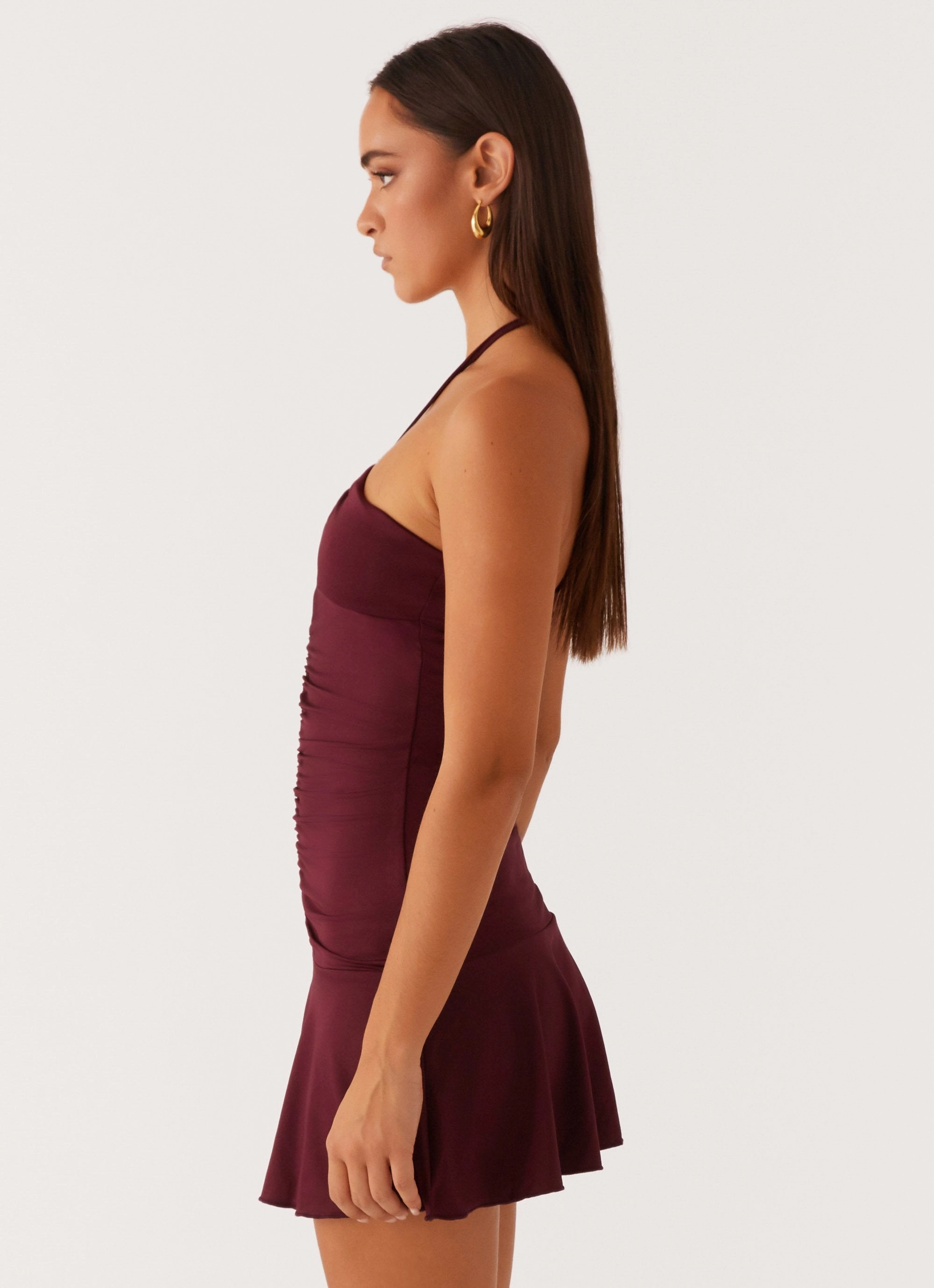 Katrina Halterneck Mini Dress - Deep Maroon ElasticWaistband Natural Drape