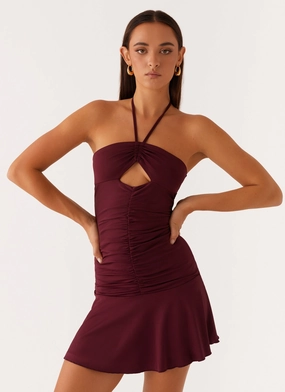 Katrina Halterneck Mini Dress - Deep Maroon Natural Flow