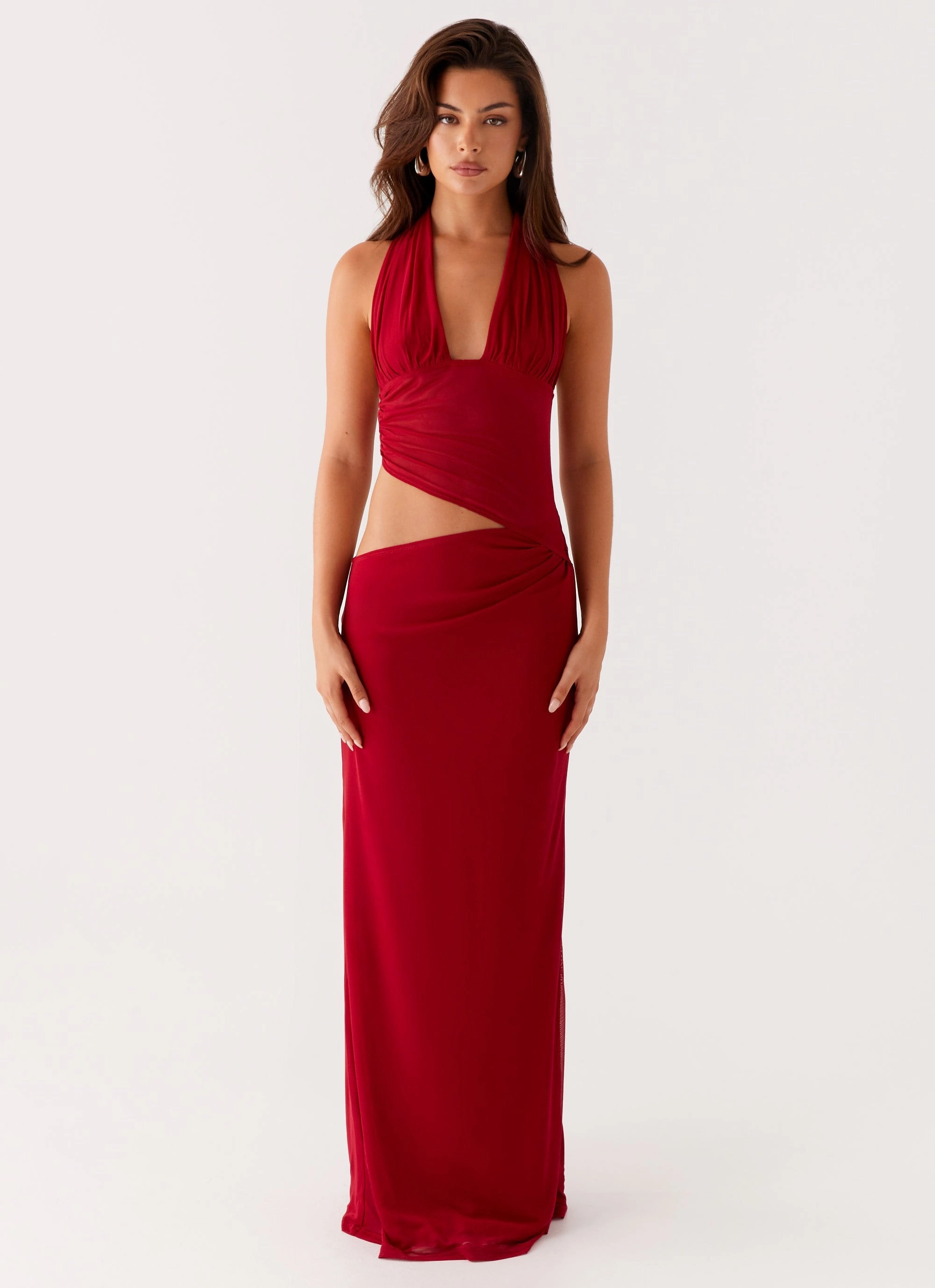 Mid Fit Lace Accent Main Act Halter Maxi Dress - Raspberry