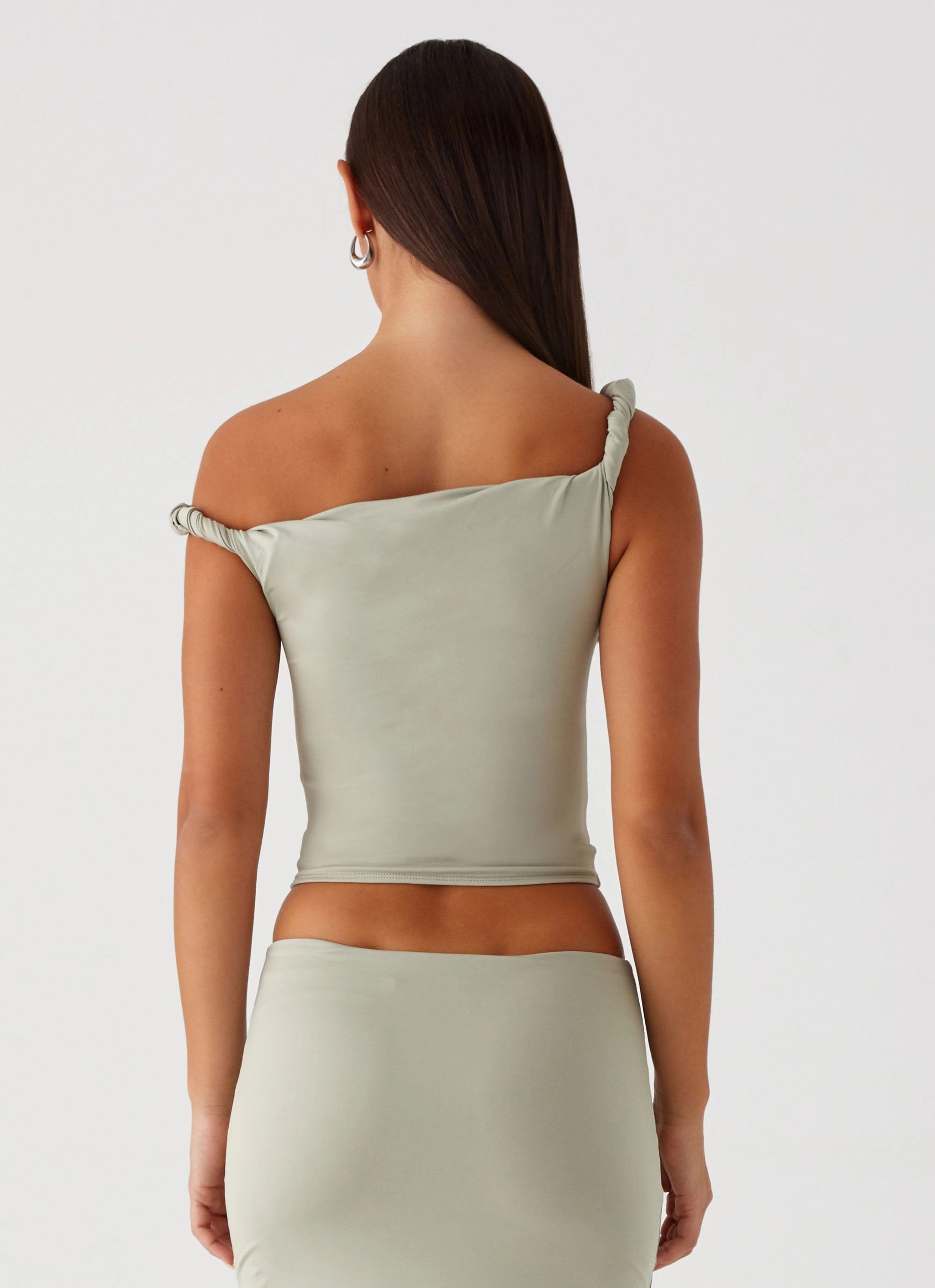 Solace Soul Twist Shoulder Top - Sage WrinkleResistantTextile