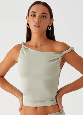 MultiFunctional Pocket Placement Solace Soul Twist Shoulder Top - Sage