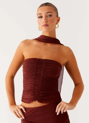 Tailored Placket MoistureWicking Fabric Mirage Scarf Top - Chocolate