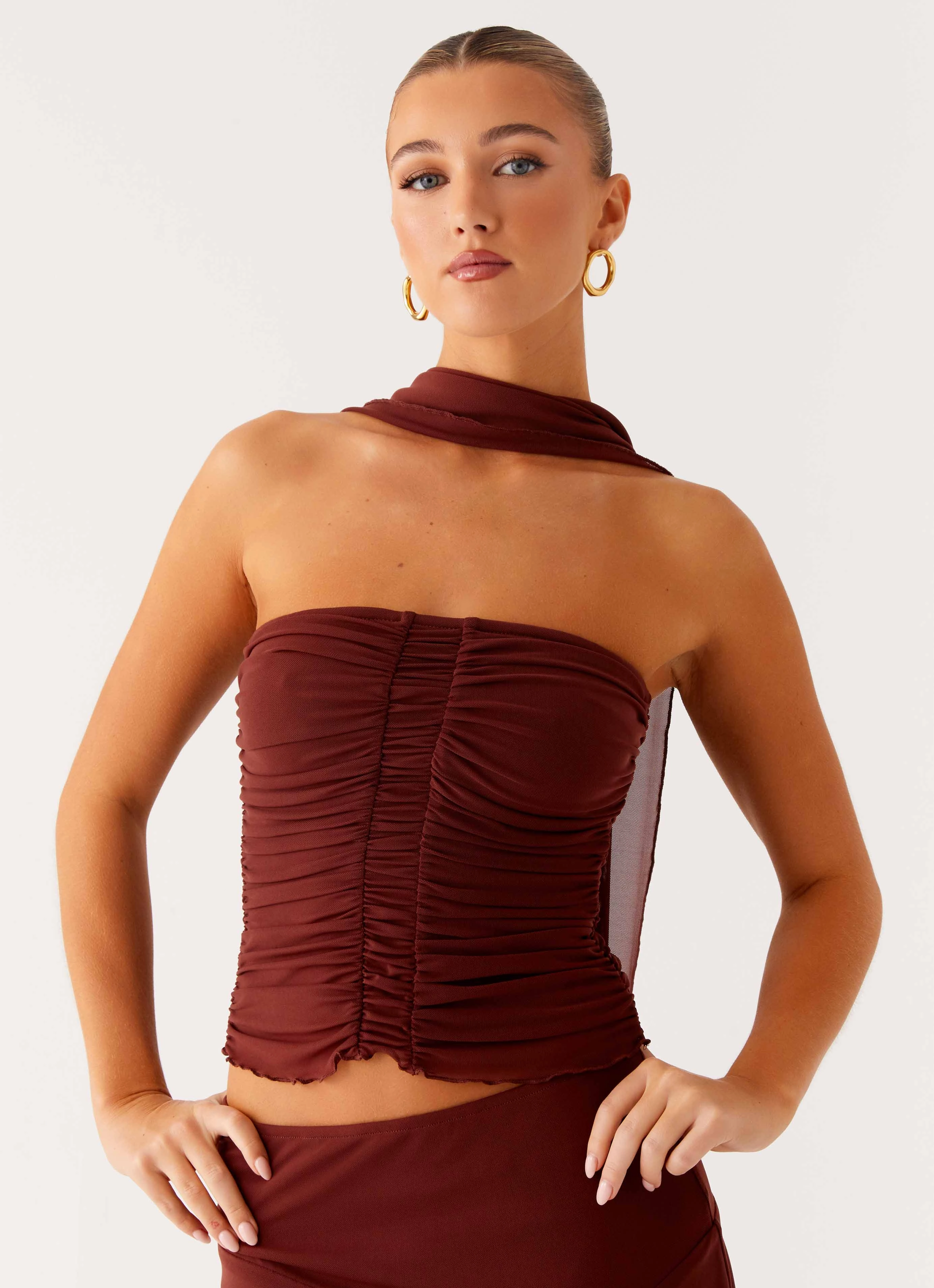 Tailored Placket MoistureWicking Fabric Mirage Scarf Top - Chocolate