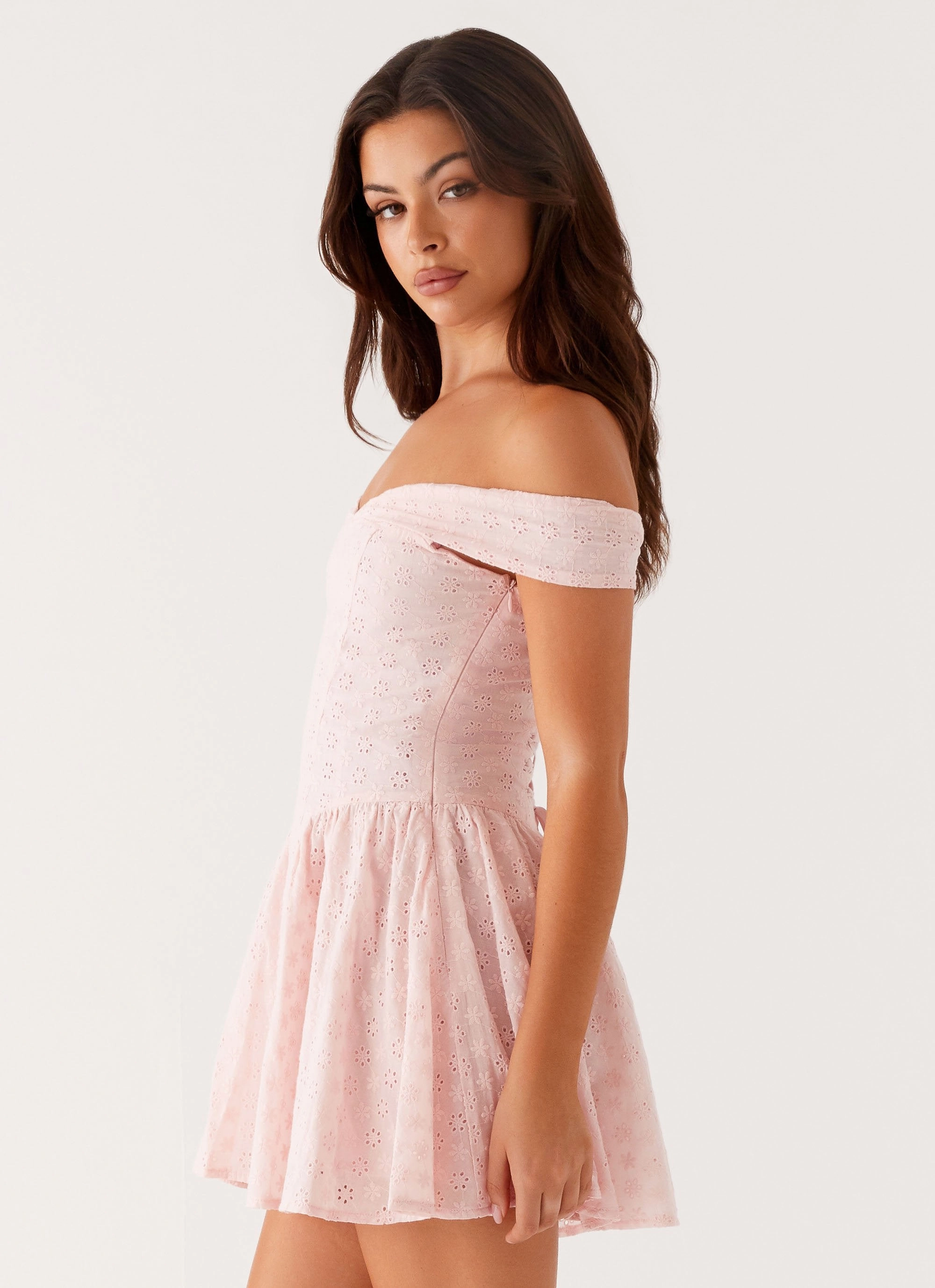 Koa Off Shoulder Mini Dress - Peach Classic knee-length dress