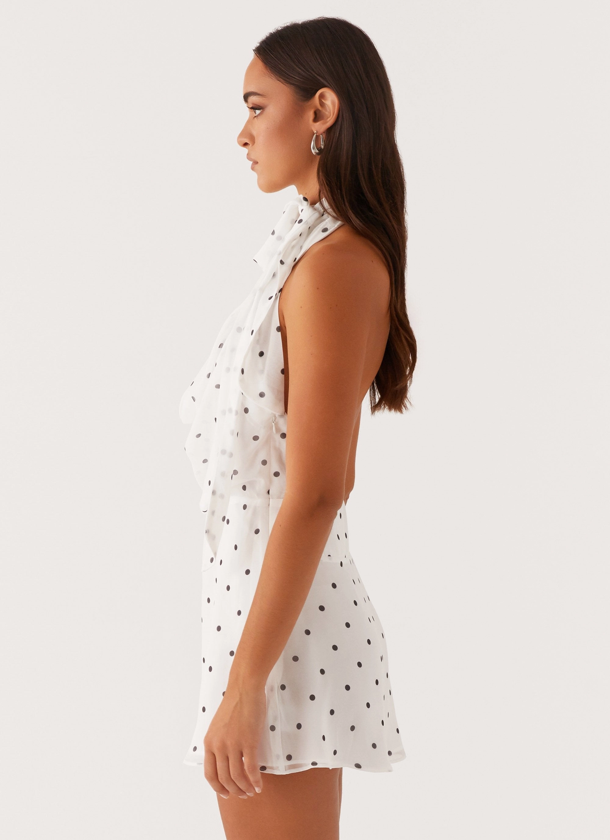 Avalia Backless Scarf Mini Dress - White Polka Dot Office Glam