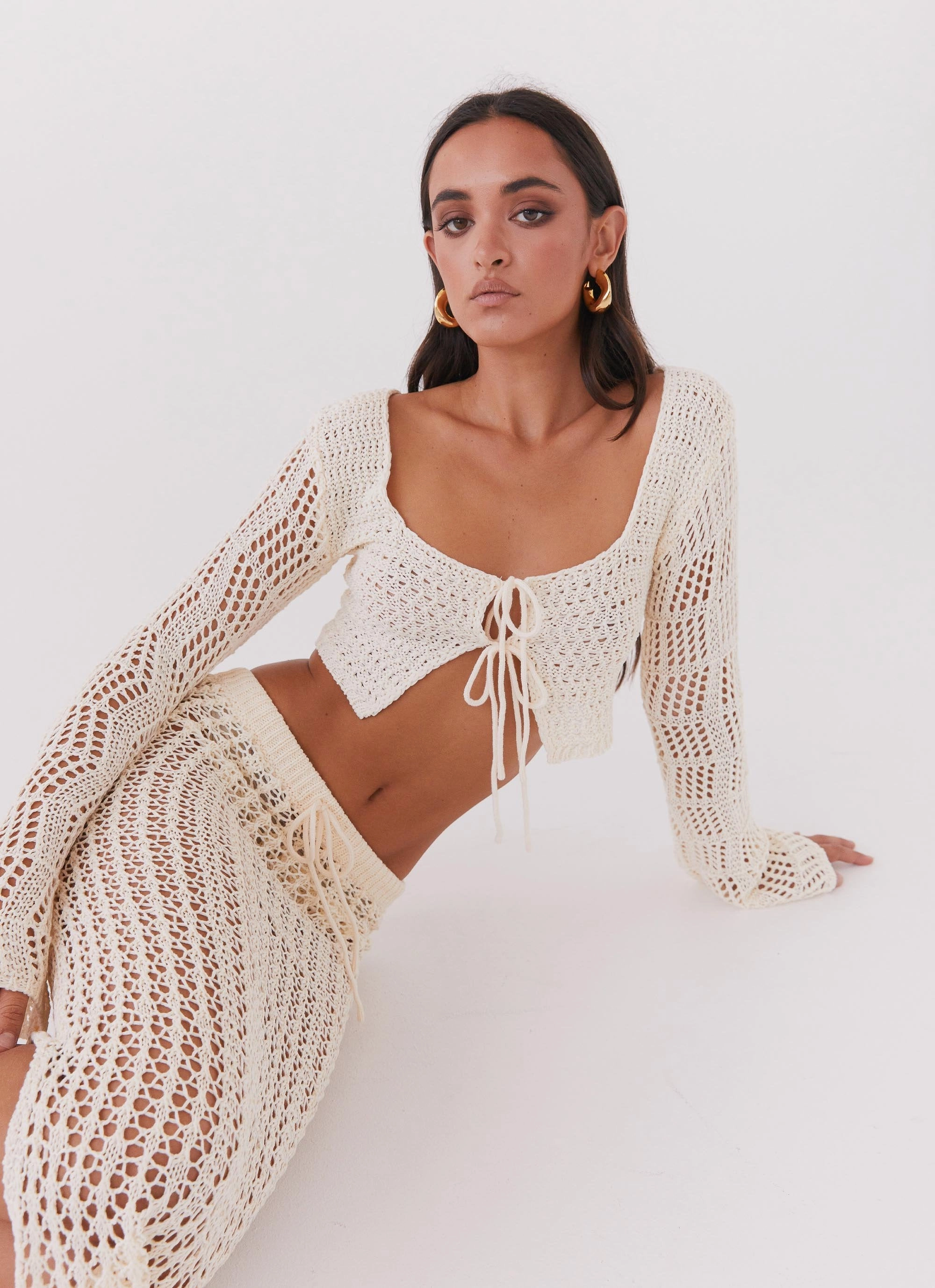 Elasticized Edging Double Stitch Seams Rosalina Crochet Long Sleeve Top - Natural