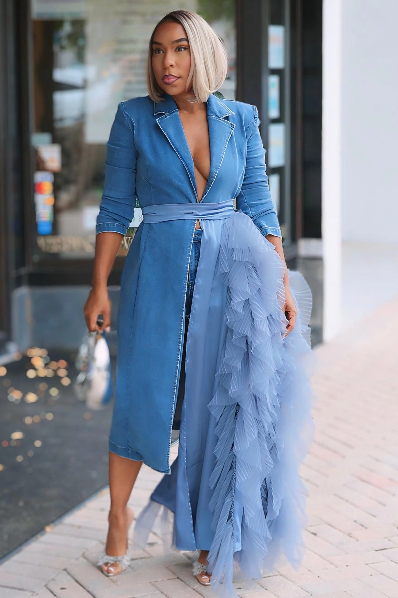 Relaxed Fit City Friendly Viola Lux Waterfall Blazer Dress -Denim