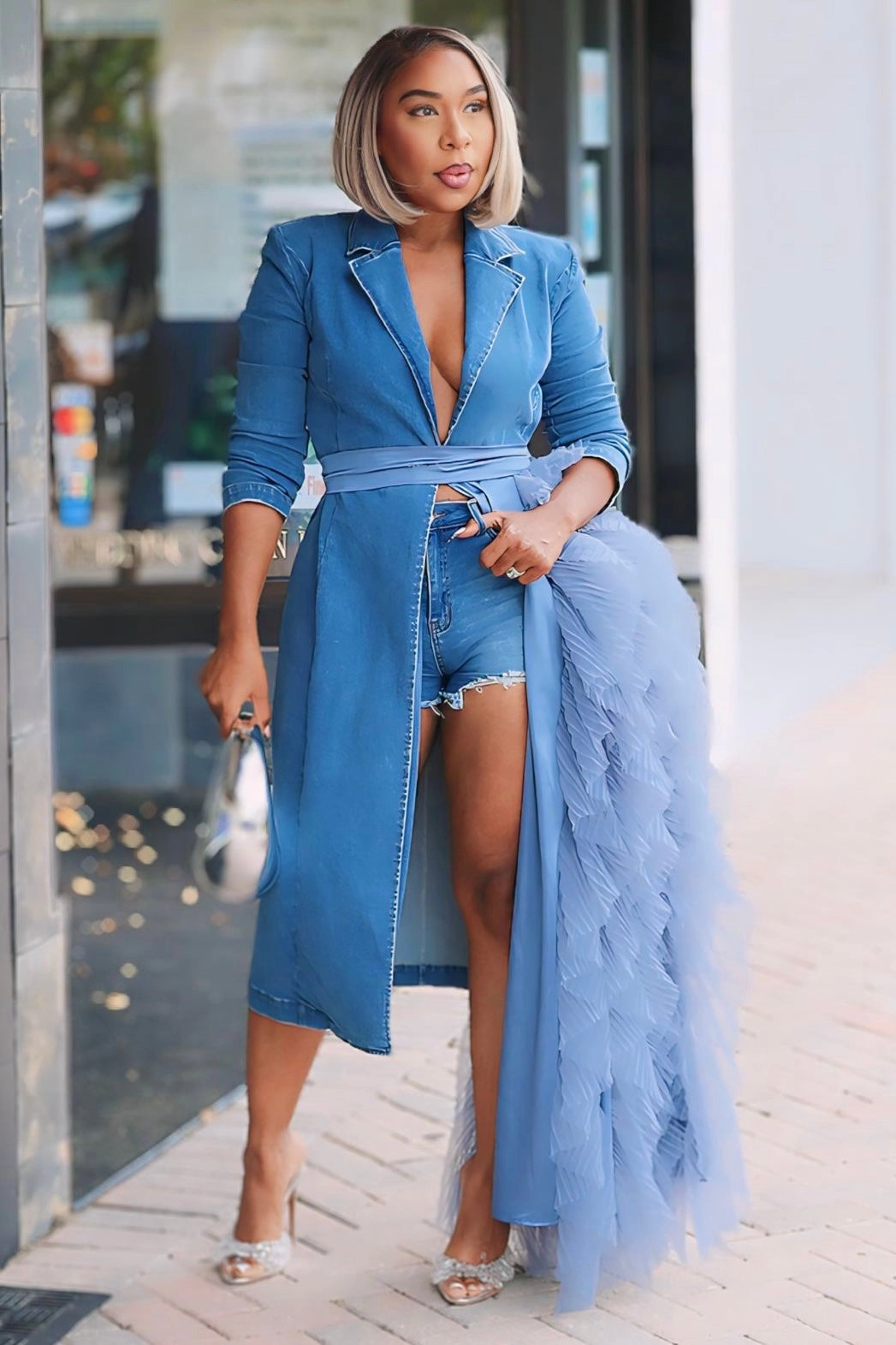Flattering Shape Design Chic Waist Design Viola Lux Waterfall Blazer Dress -Denim