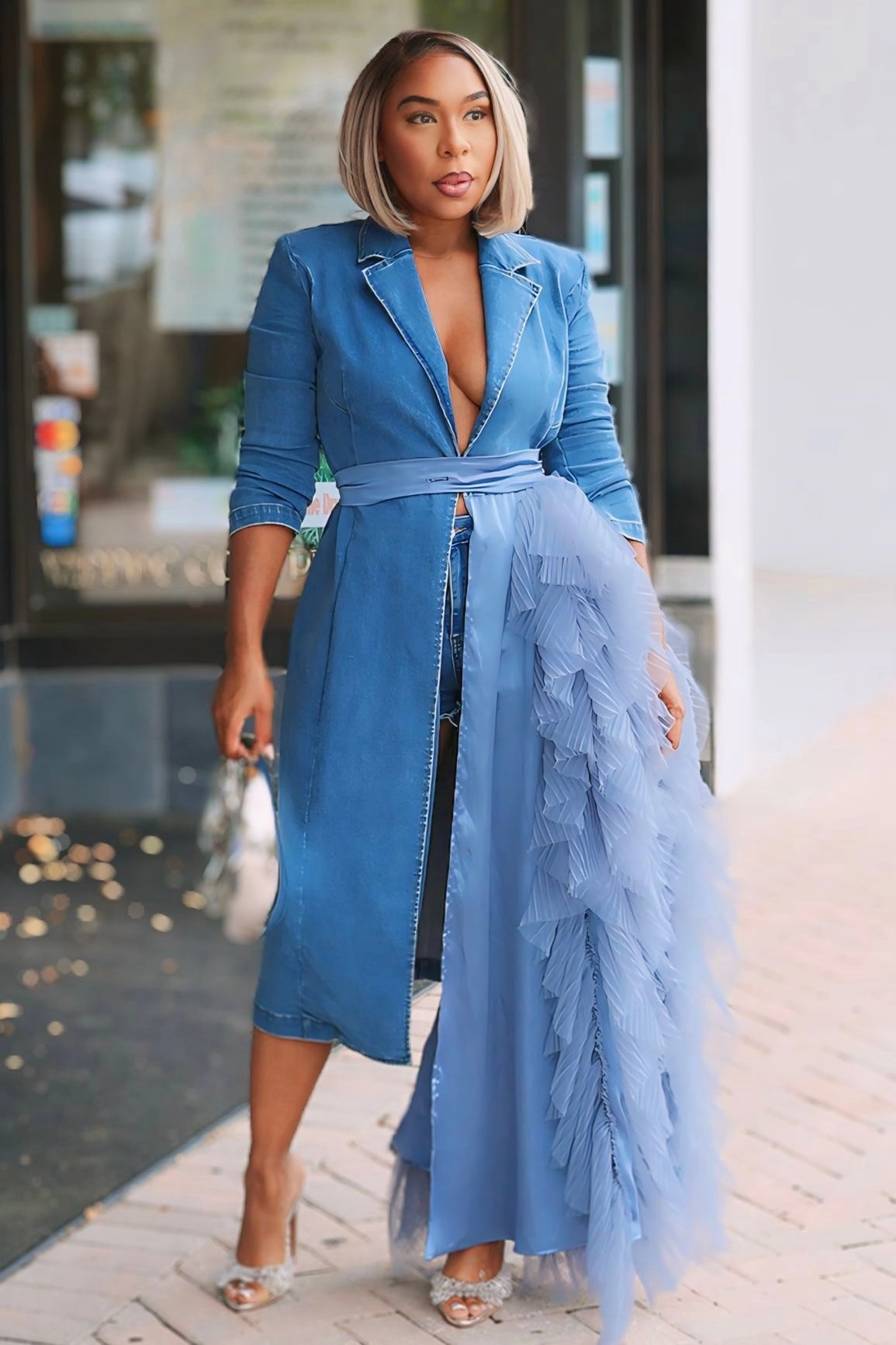 Viola Lux Waterfall Blazer Dress -Denim Nordic Plain