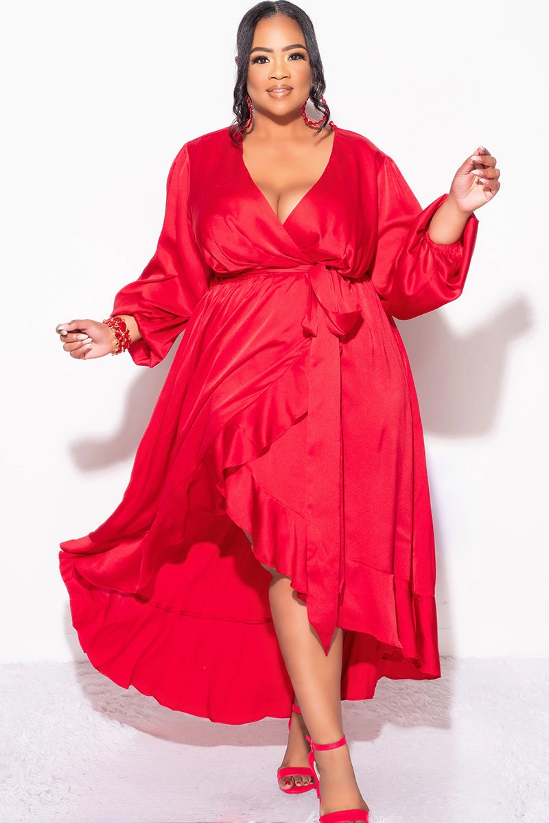 Final Sale Plus Size Faux Wrap High-Low Dress with Waist Tie in Burgundy Stylish Hoodie DurableDoubleLayeredHem