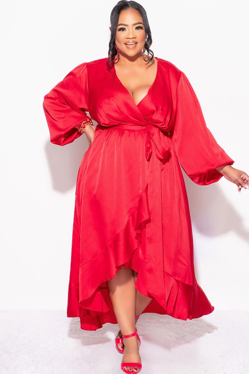 Final Sale Plus Size Faux Wrap High-Low Dress with Waist Tie in Burgundy Relaxed Top FadeResistant Treatment
