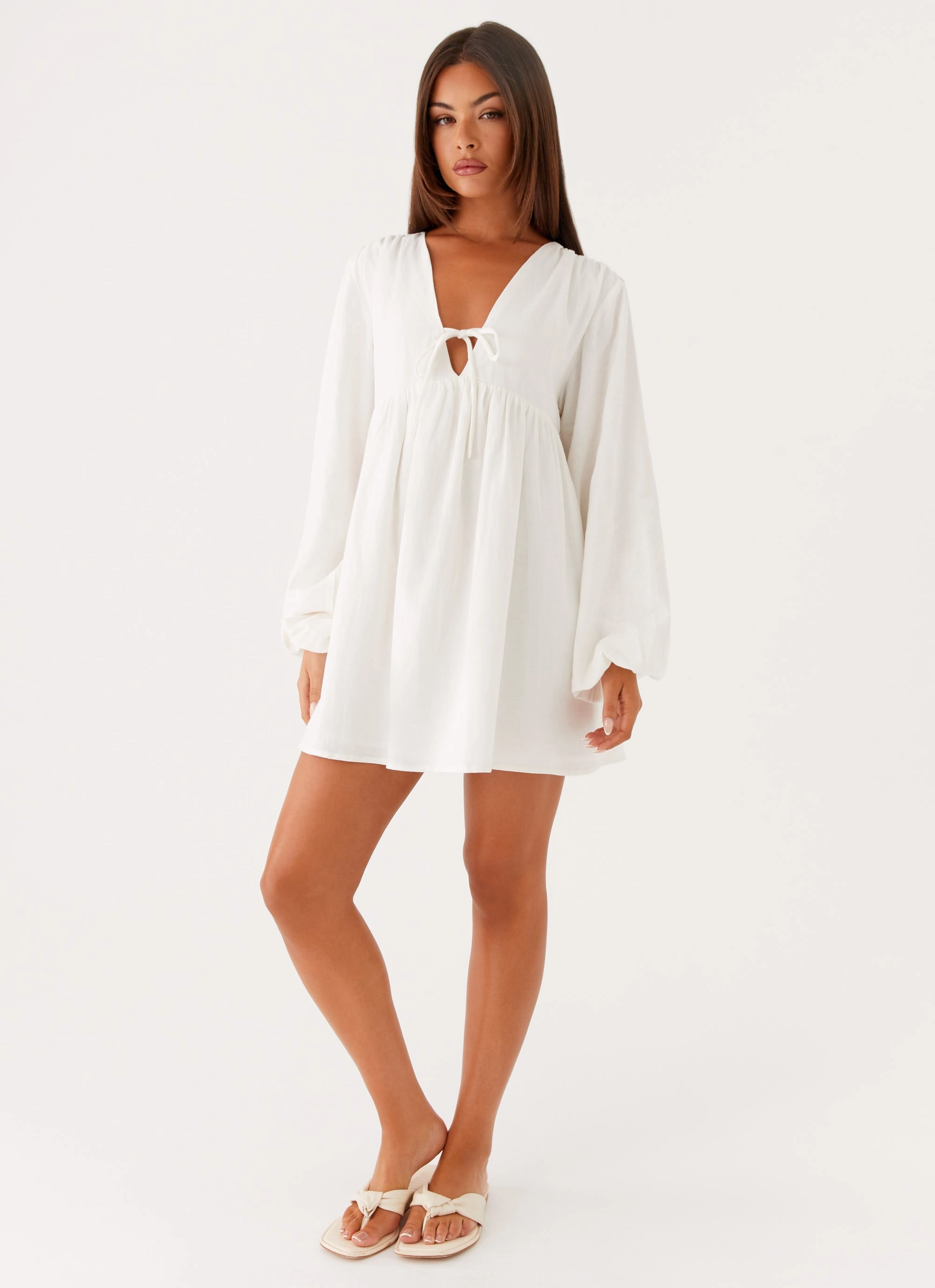 Kennie Linen Mini Dress - White Office Cool Relaxed Waist