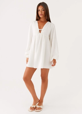 Kennie Linen Mini Dress - White Office Cool Relaxed Waist