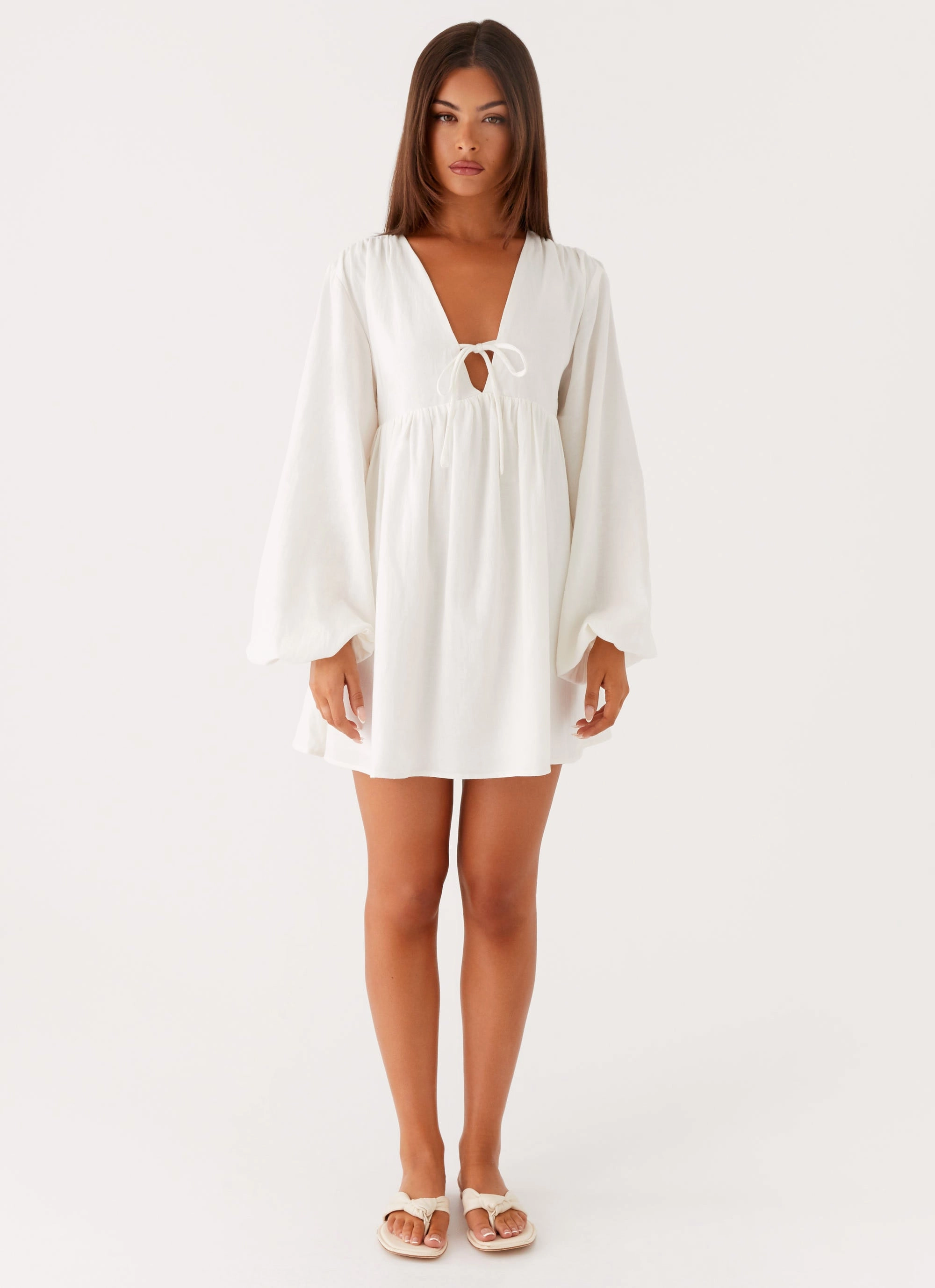 Kennie Linen Mini Dress - White Sharp Edge