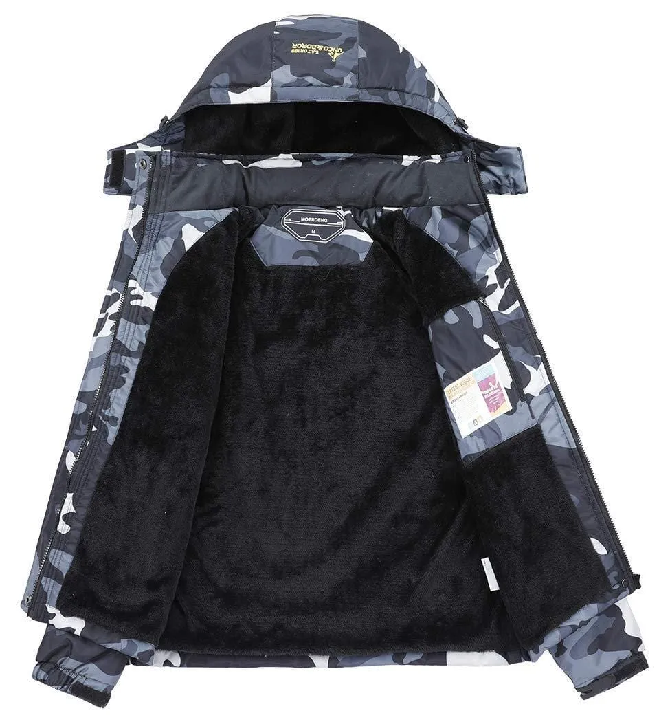 MOERDENG Men's Waterproof Ski Jacket Warm Winter Snow Coat Mountain Windbreaker Hooded Raincoat, Black Camo, Medium