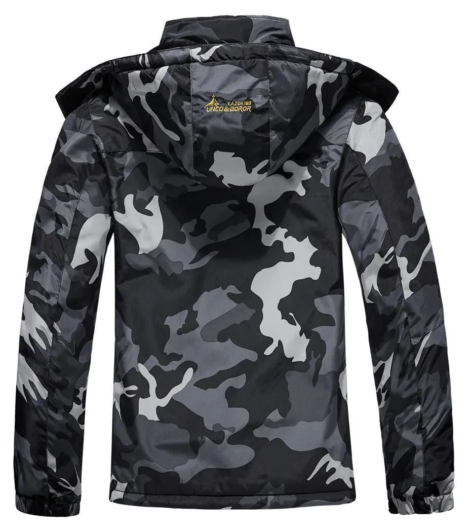 MOERDENG Men's Waterproof Ski Jacket Warm Winter Snow Coat Mountain Windbreaker Hooded Raincoat, Black Camo, Medium