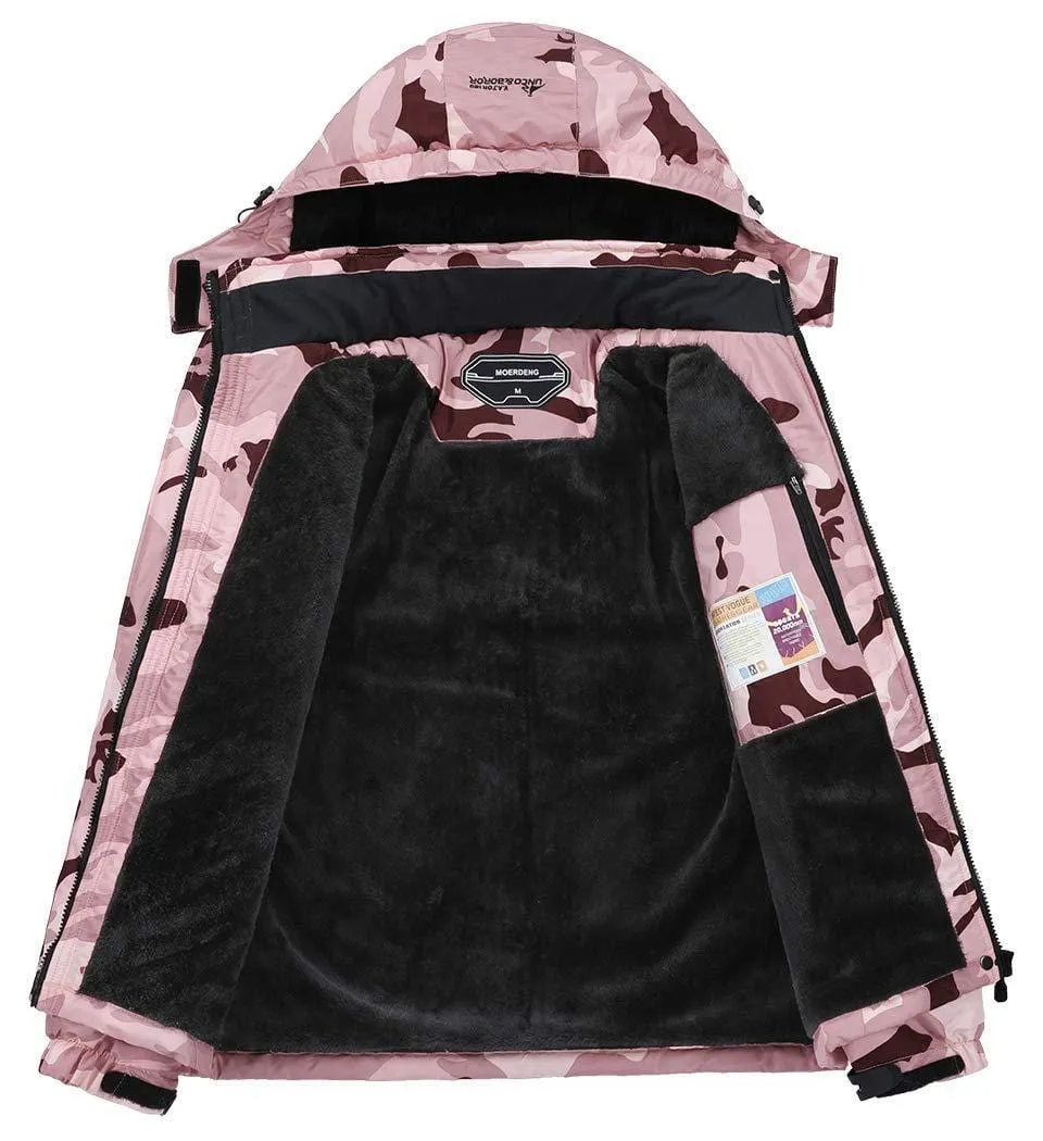 MOERDENG Women's Waterproof Ski Jacket Warm Winter Snow Coat Mountain Windbreaker Hooded Raincoat, Rosered Camo, Medium
