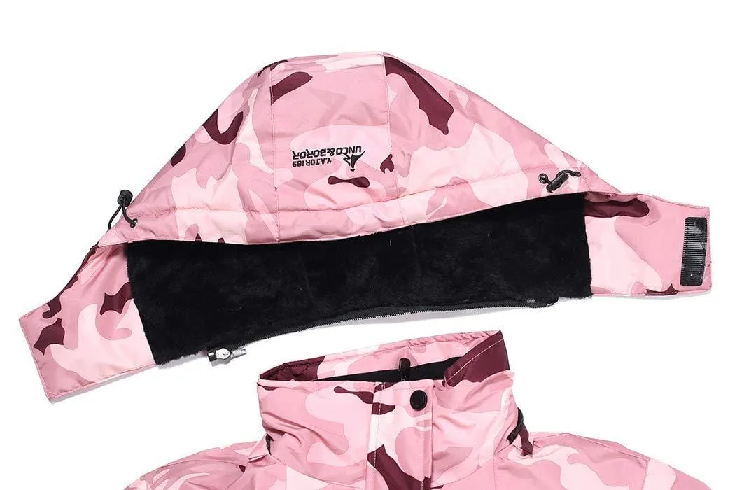 MOERDENG Women's Waterproof Ski Jacket Warm Winter Snow Coat Mountain Windbreaker Hooded Raincoat, Rosered Camo, Medium