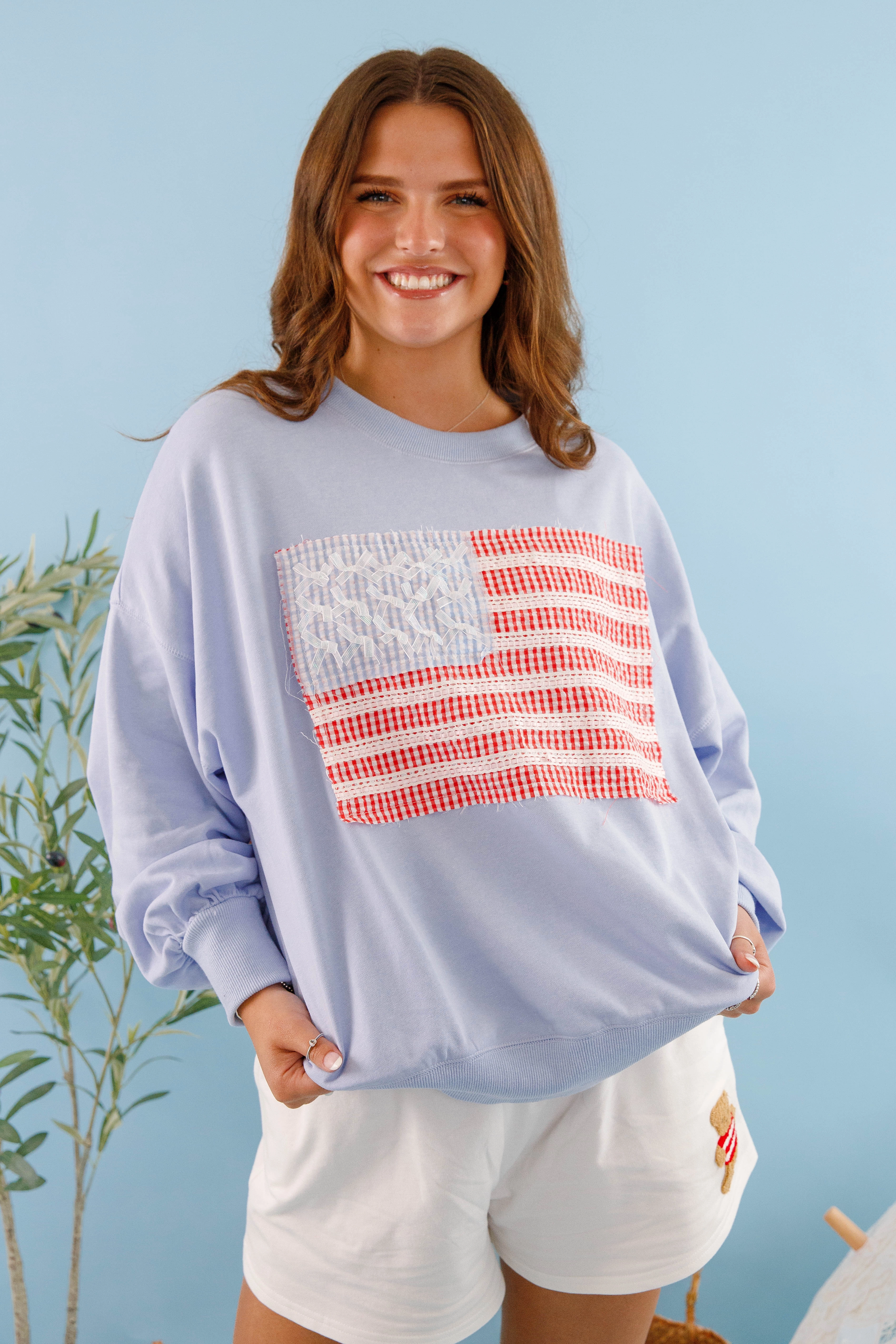 America's Sweetheart Pullover-Blue Linen Blend Fabric SweatGuard Lining