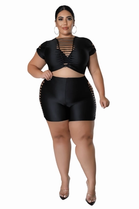 Final Sale Plus Size Short Set with Ripped Sides in Black Adaptive Fit