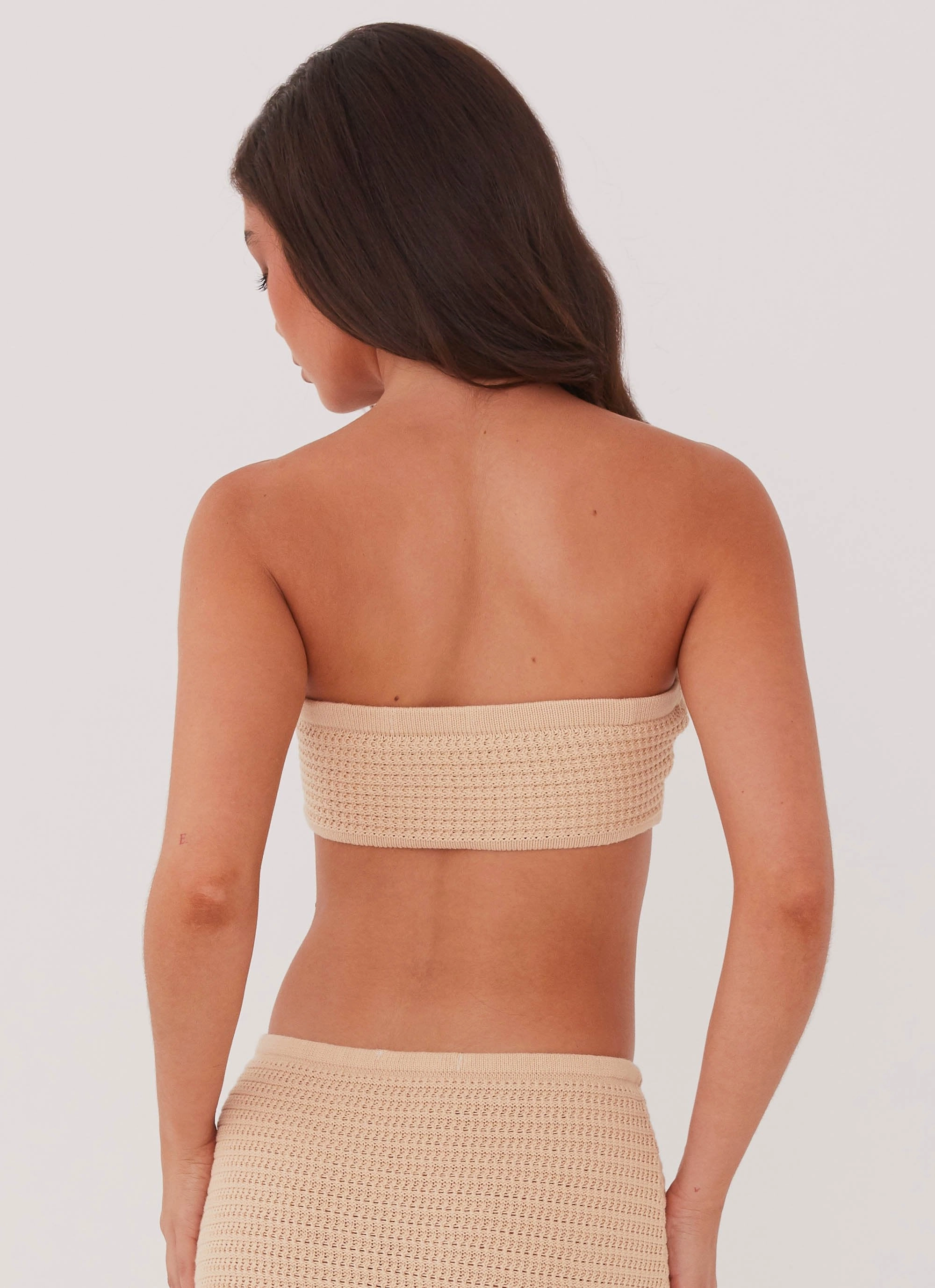 Emaline Knit Bandeau Top - Beige Ribbed Hem Finish