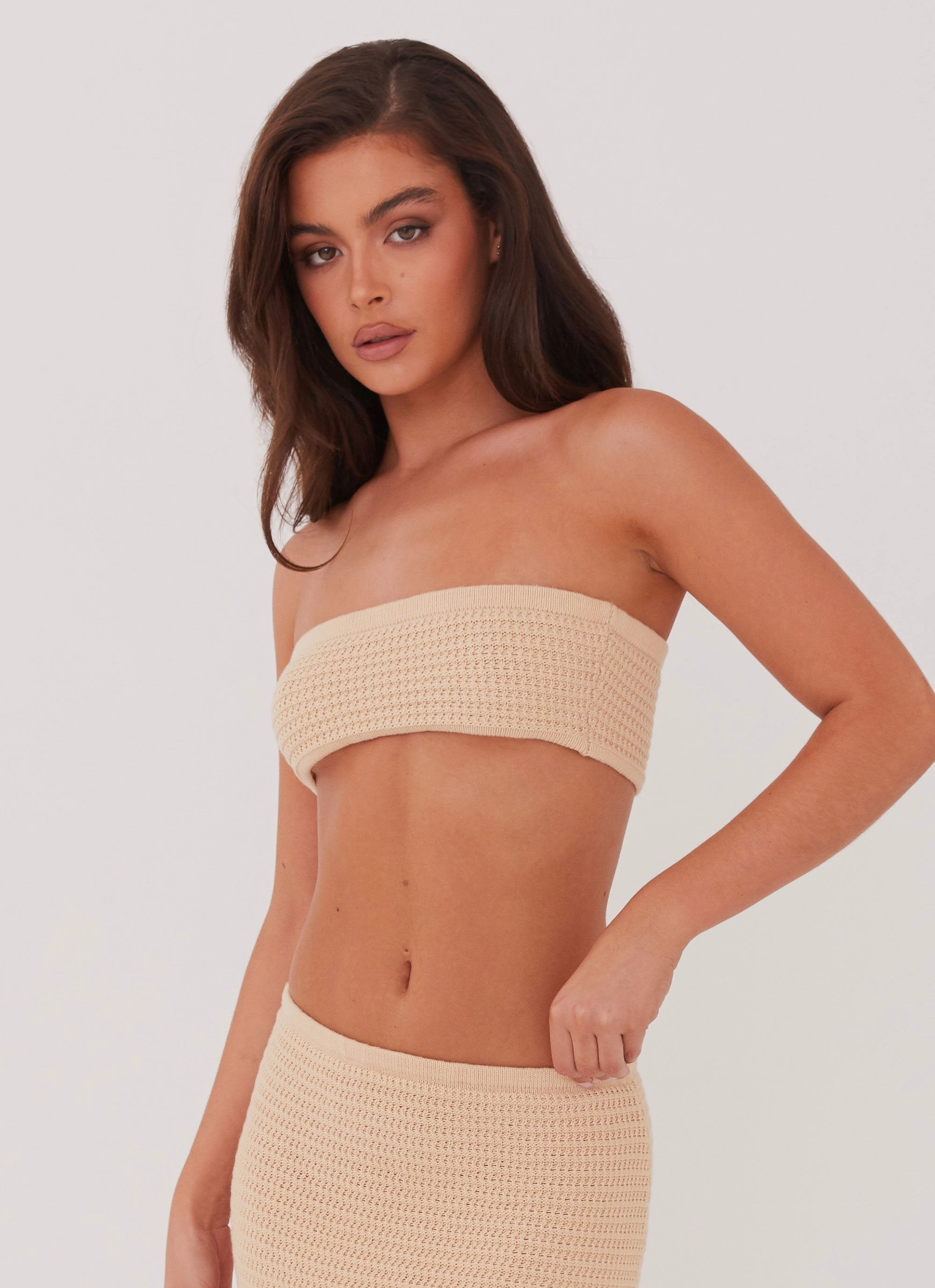 All Over Print Technique Emaline Knit Bandeau Top - Beige