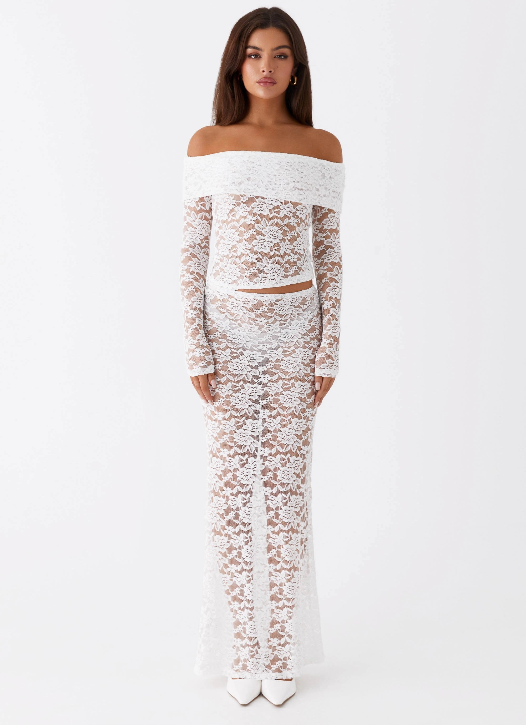 Zephyra Lace Maxi Skirt - White Clean Silhouette Heat Sealed Seams